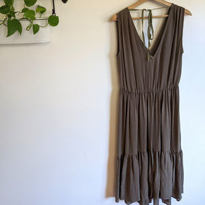Flowy taupe V neck silk dress